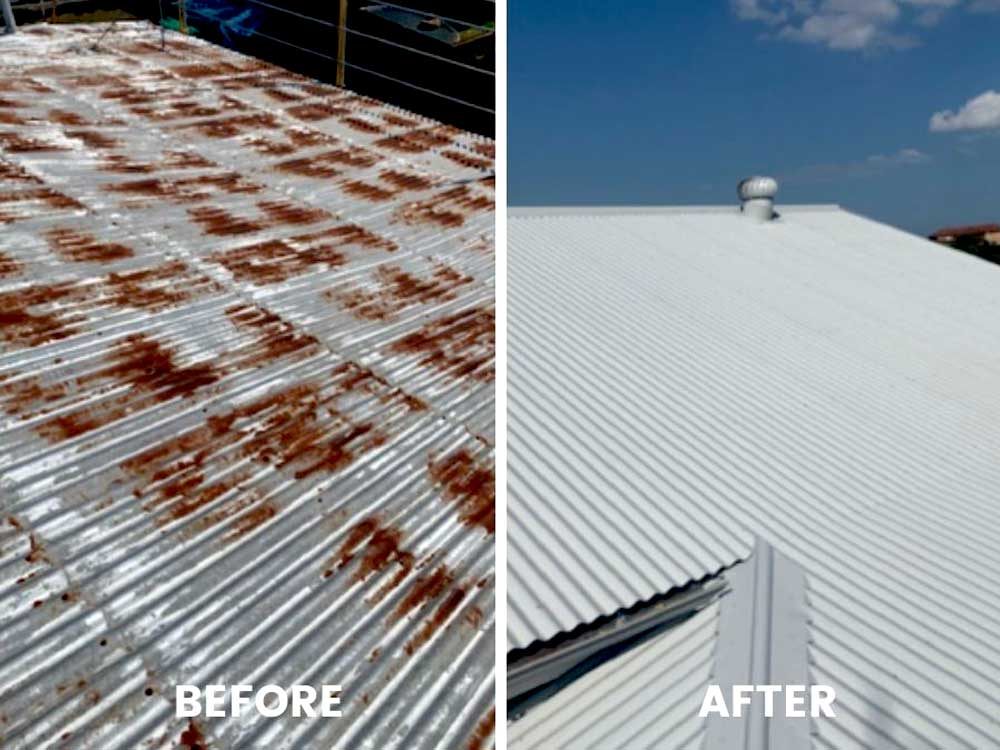 Metal roof showing hail impact damage before repair